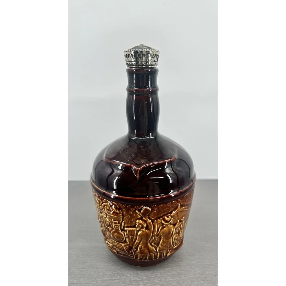 Vintage Kentucky Empty Whiskey Bottle with Bas Relief Pottery Locomotive Scene